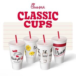 Full Set of 4 Chick-fil-A Classic Cups includes cups, lids, straws. & bookmark